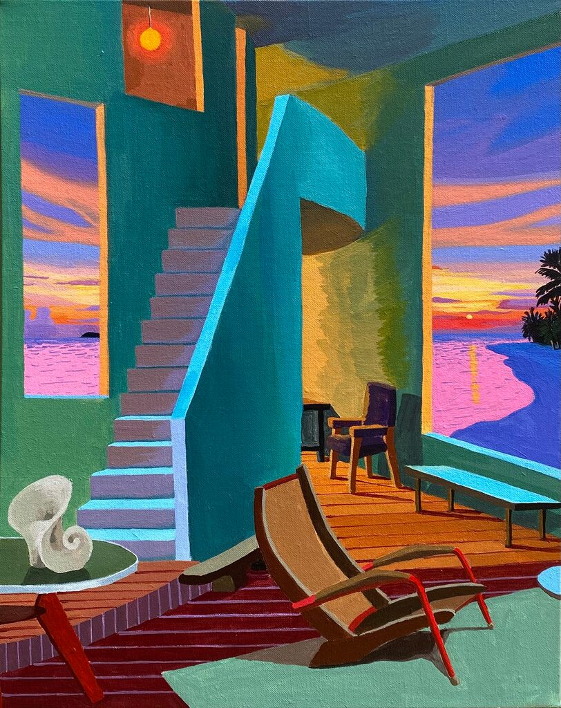 Costa Careyes by Haotian: a turquoise staircase divides a green interior with sunset views, a shell and a reclining chair.