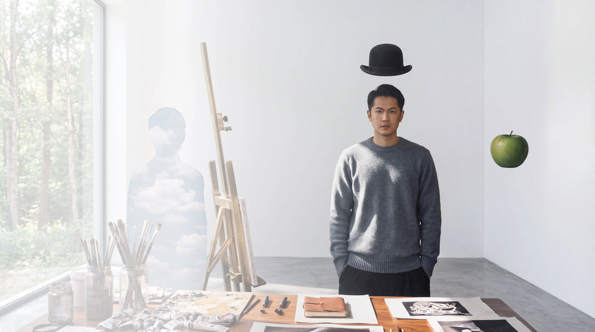 Artist Tianhao standing with his contemporary surrealist paintings