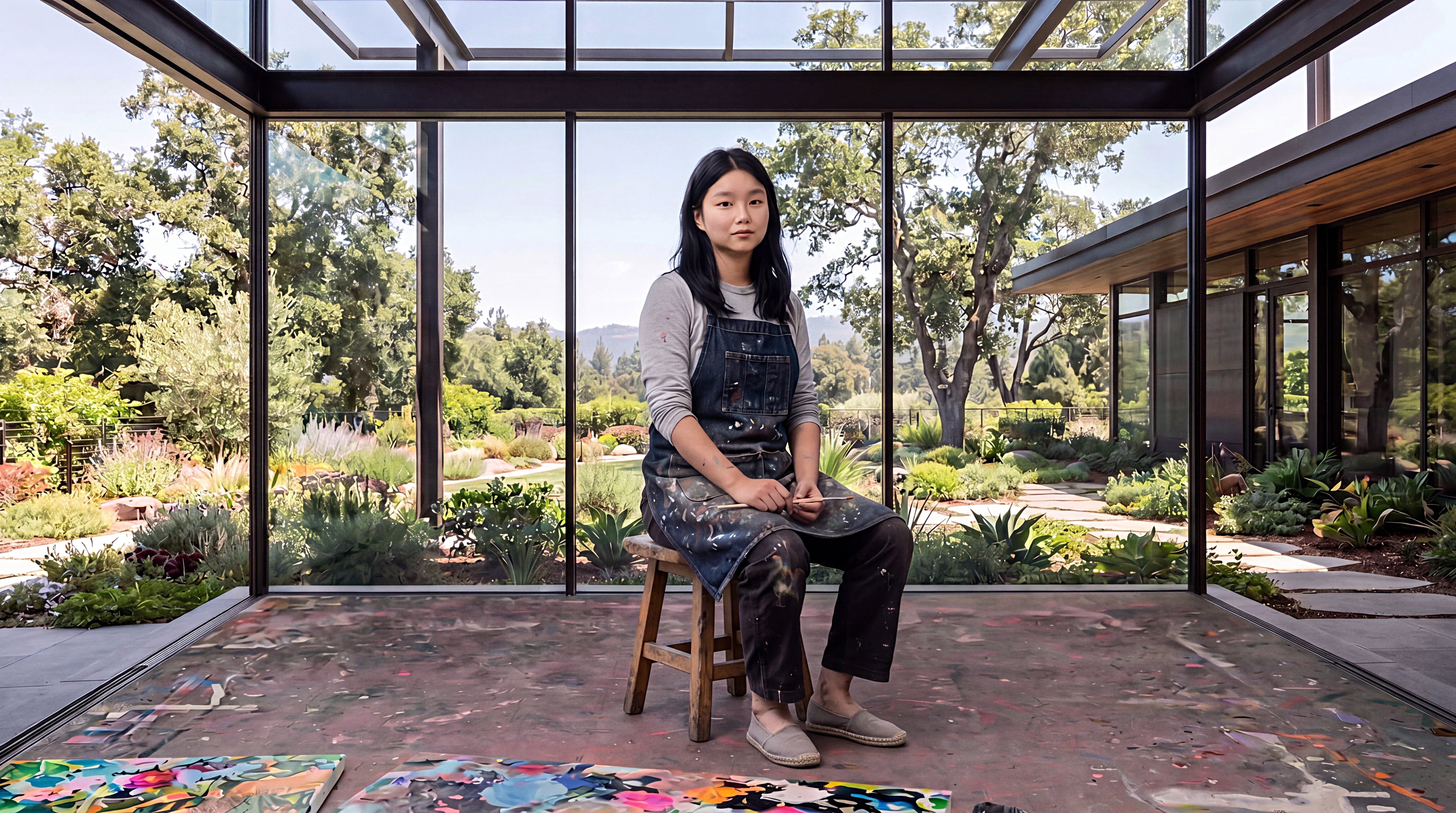 Haotian seated in a paint-marked apron, surrounded by windows overlooking a garden.